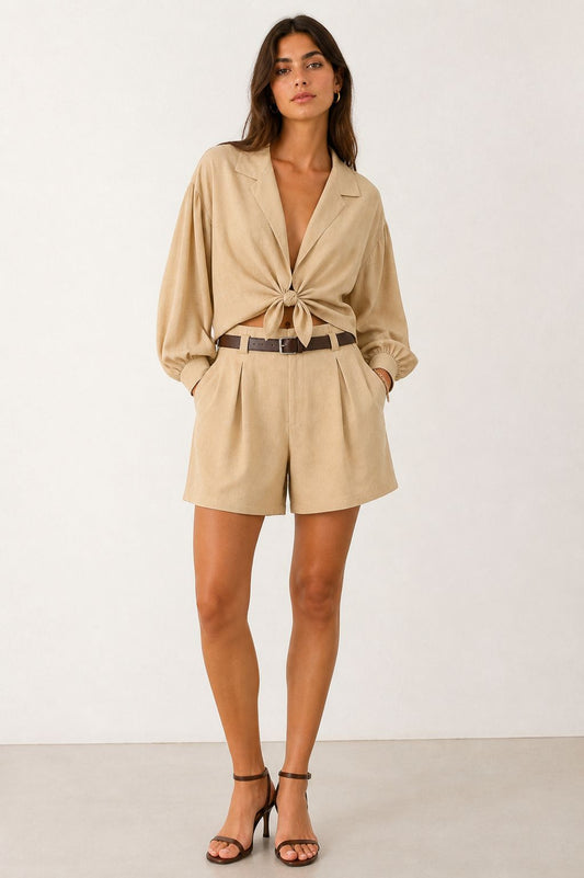 MADE IN ITALY - Livia - Camisa corta de mezcla de lino con lazo