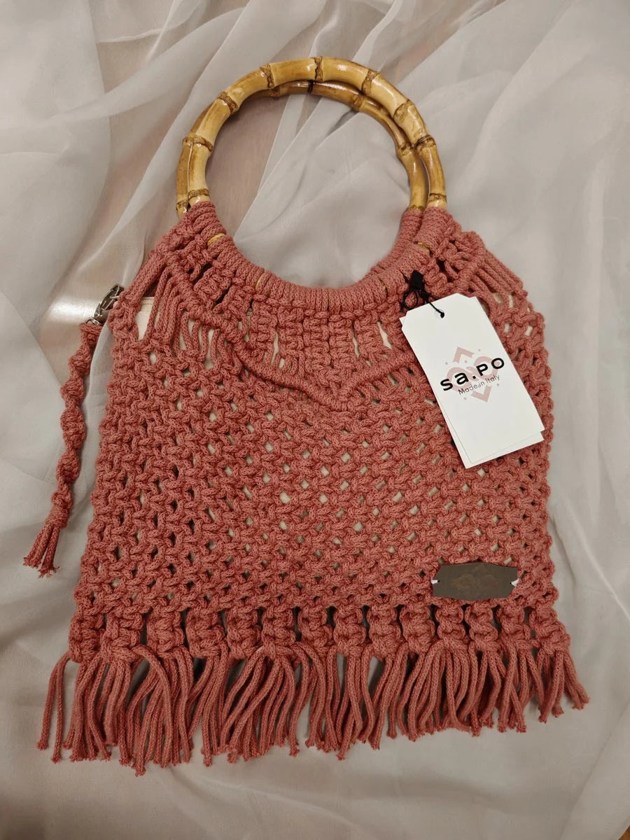 Colección Indios - Navajo - Bolso artesanal de algodón reciclado con flecos y asas de bambú