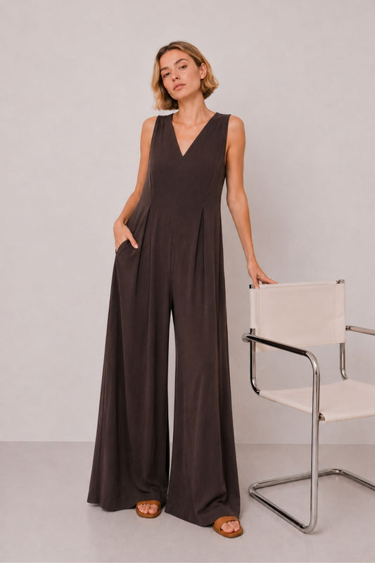 MADE IN ITALY - Sandra - Mono largo de Tencel con cuello en V