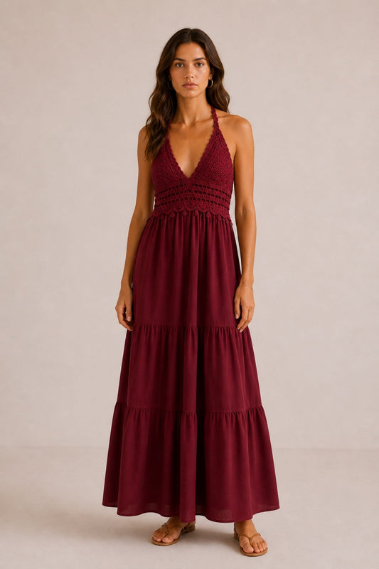 MADE IN ITALY - Grace - Vestido con lazo en el cuello y top de ganchillo