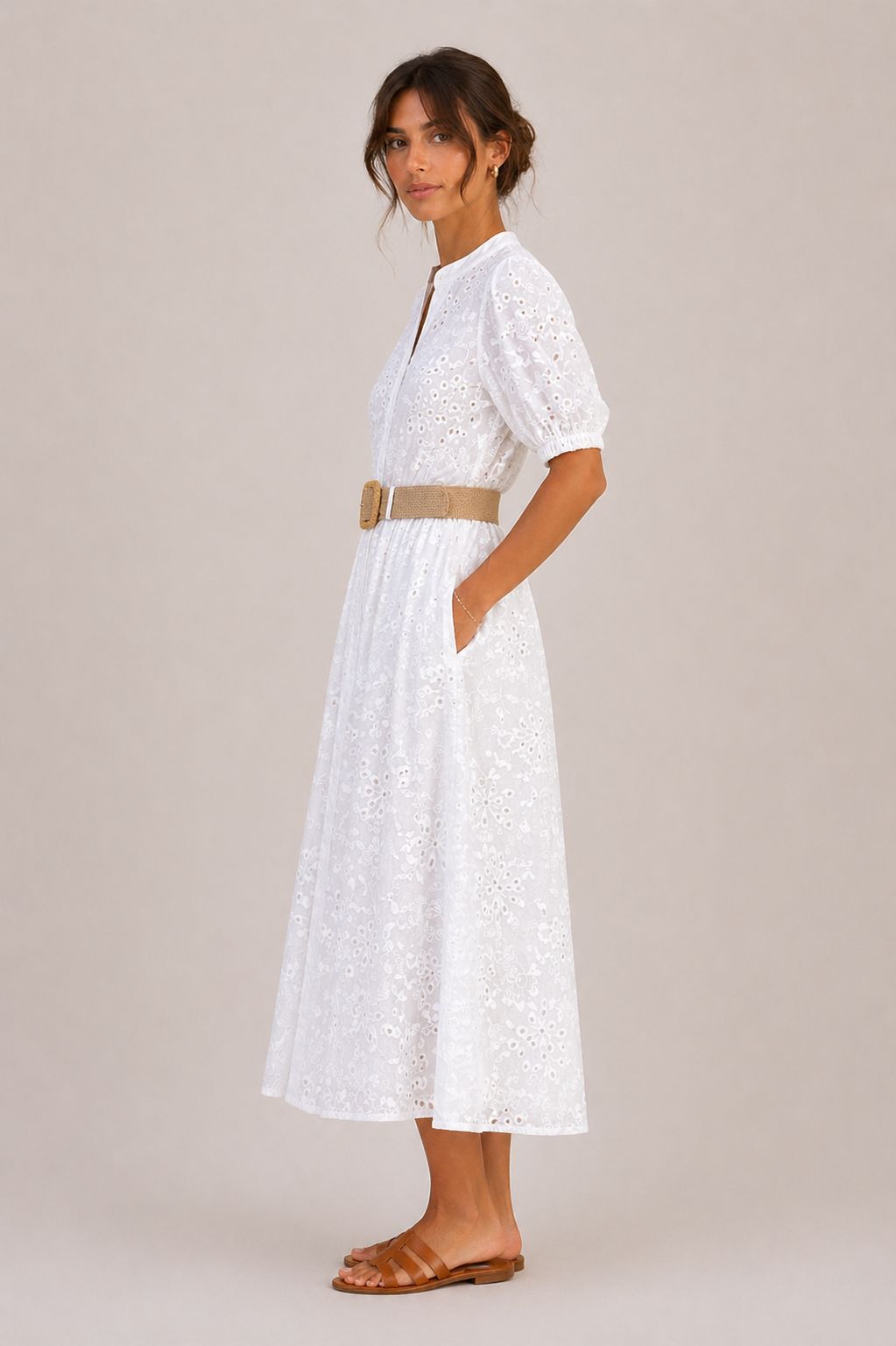 MADE IN ITALY - Milu' - Vestido tipo chemisier de encaje de San Galo con cinturón