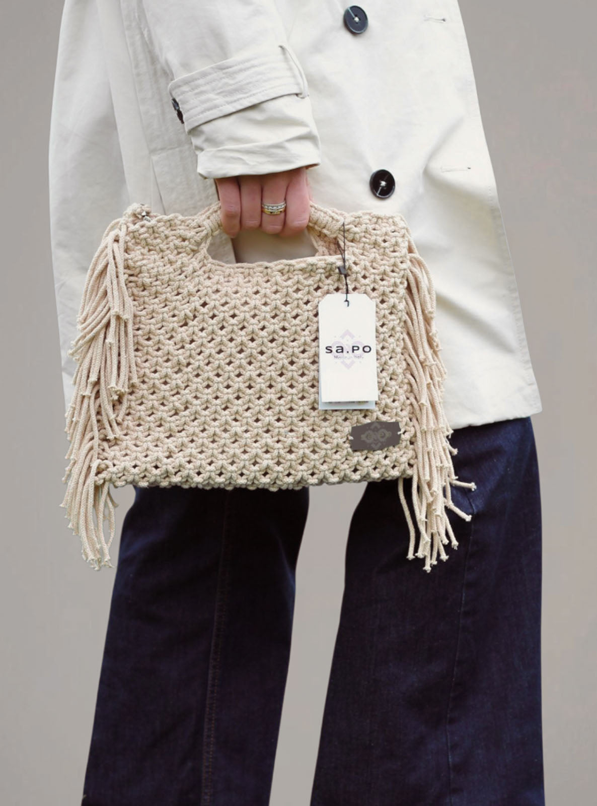 Colección Indios - Dakota - Bolso artesanal de algodón reciclado con flecos