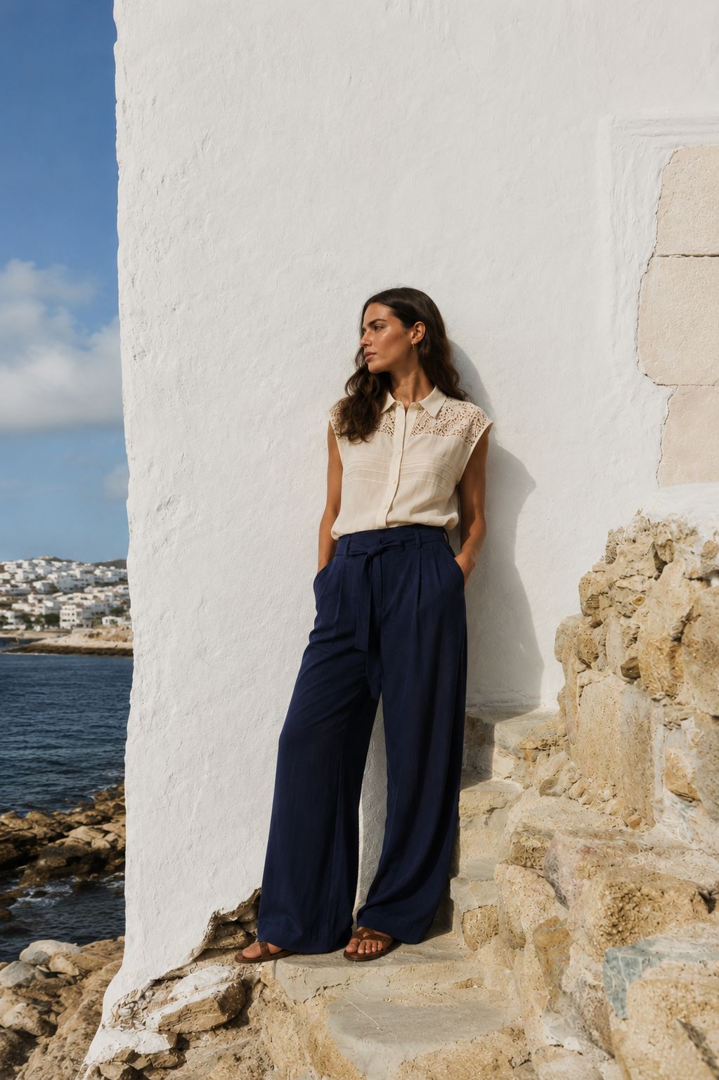 MADE IN ITALY - Valeria - Mono bicolor con encaje en el escote y fajín en la cintura