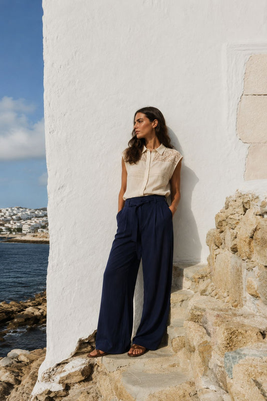 MADE IN ITALY - Valeria - Mono bicolor con encaje en el escote y fajín en la cintura