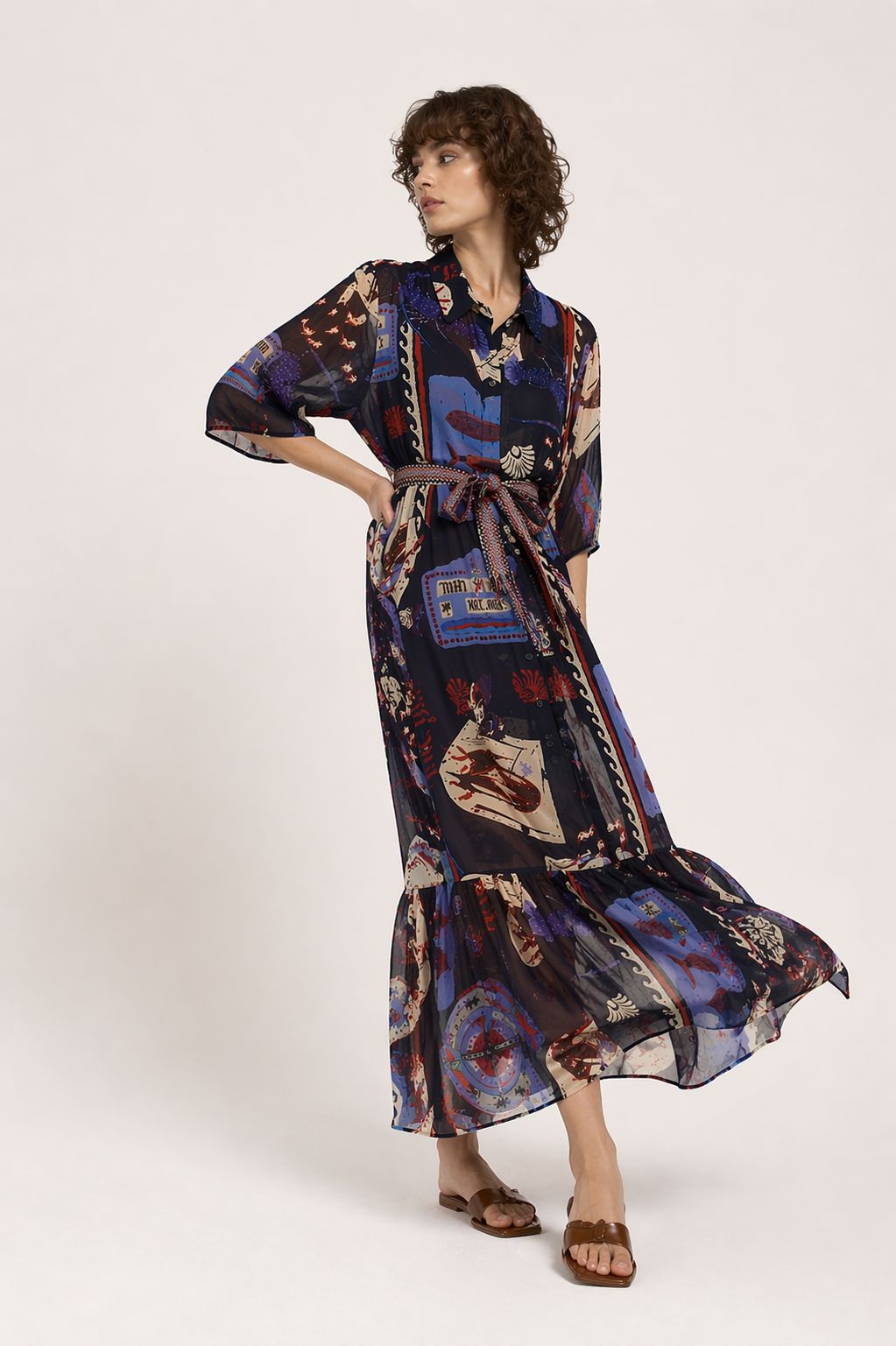 MADE IN ITALY - Nina - Vestido con estampado marino y cinturón de algodón