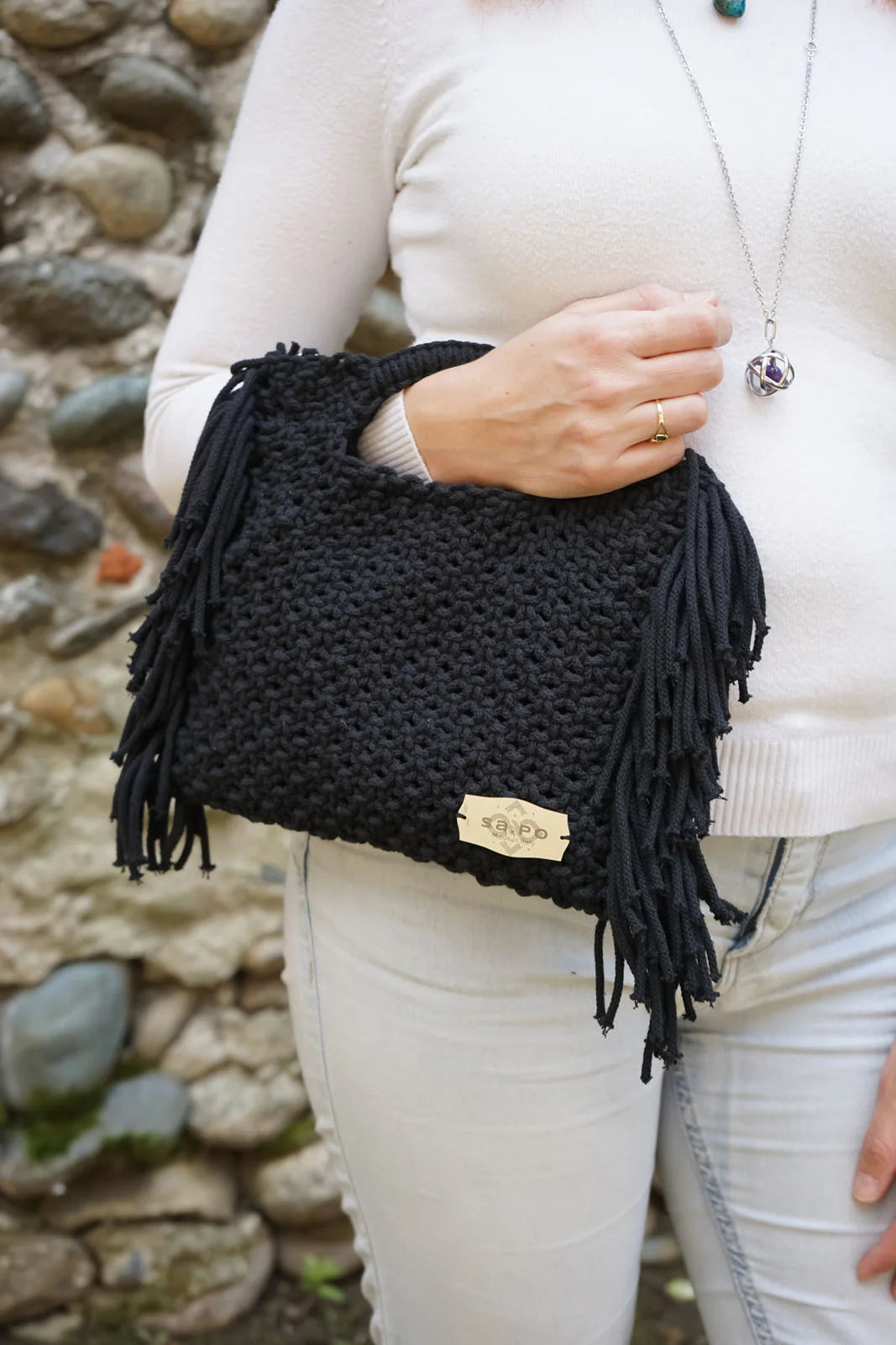 Colección Indios - Dakota - Bolso artesanal de algodón reciclado con flecos
