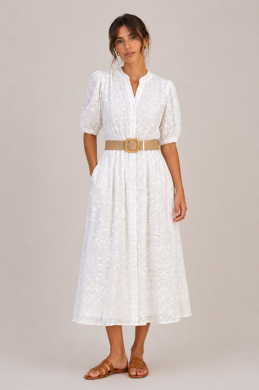 MADE IN ITALY - Milu' - Vestido tipo chemisier de encaje de San Galo con cinturón