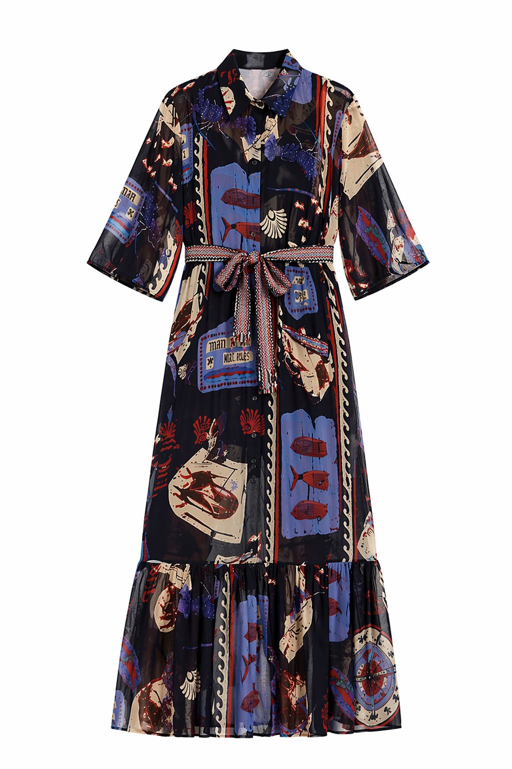 MADE IN ITALY - Nina - Vestido con estampado marino y cinturón de algodón