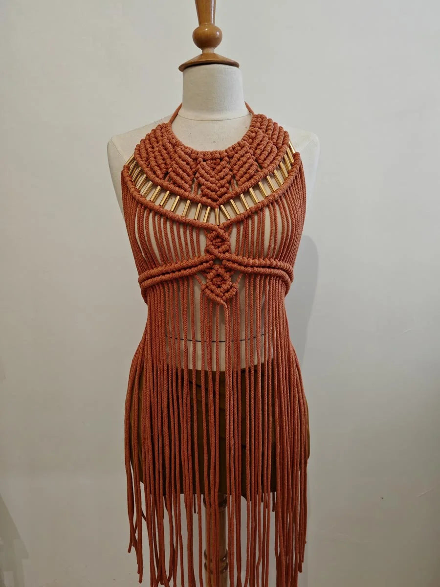 Colección Indios - Haida - Vestido de algodón reciclado con flecos largos – Confección artesanal exclusiva
