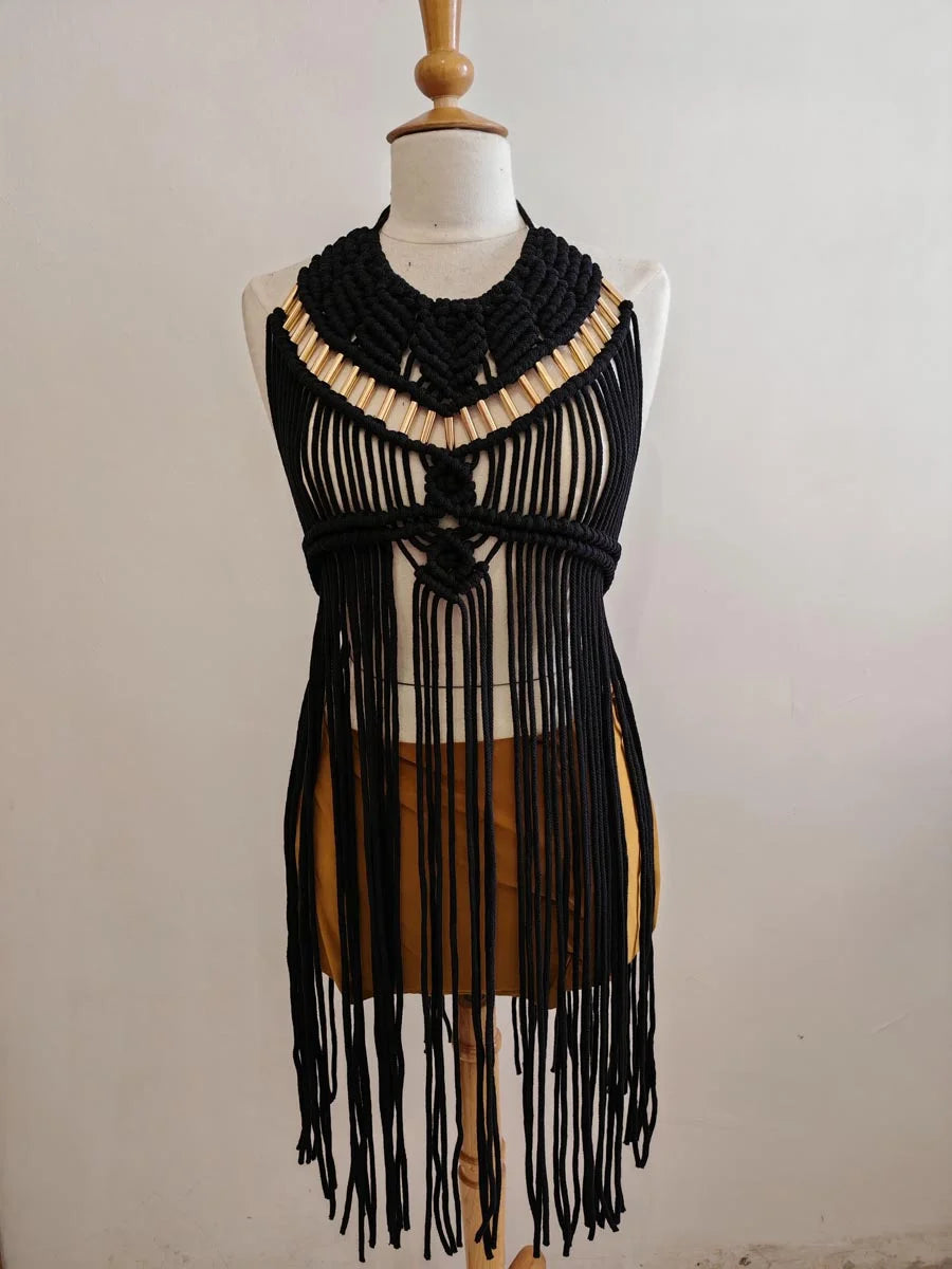 Colección Indios - Haida - Vestido de algodón reciclado con flecos largos – Confección artesanal exclusiva