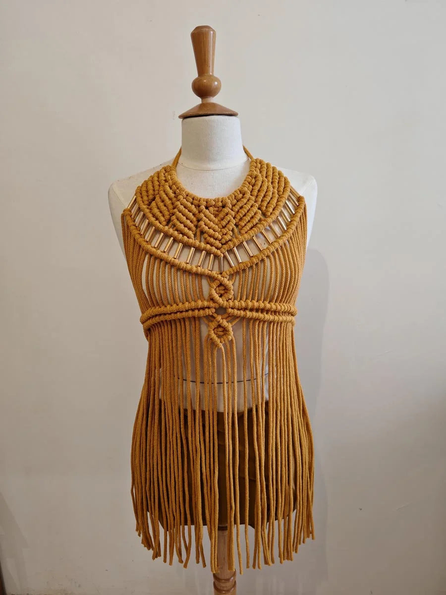 Colección Indios - Haida - Vestido de algodón reciclado con flecos largos – Confección artesanal exclusiva
