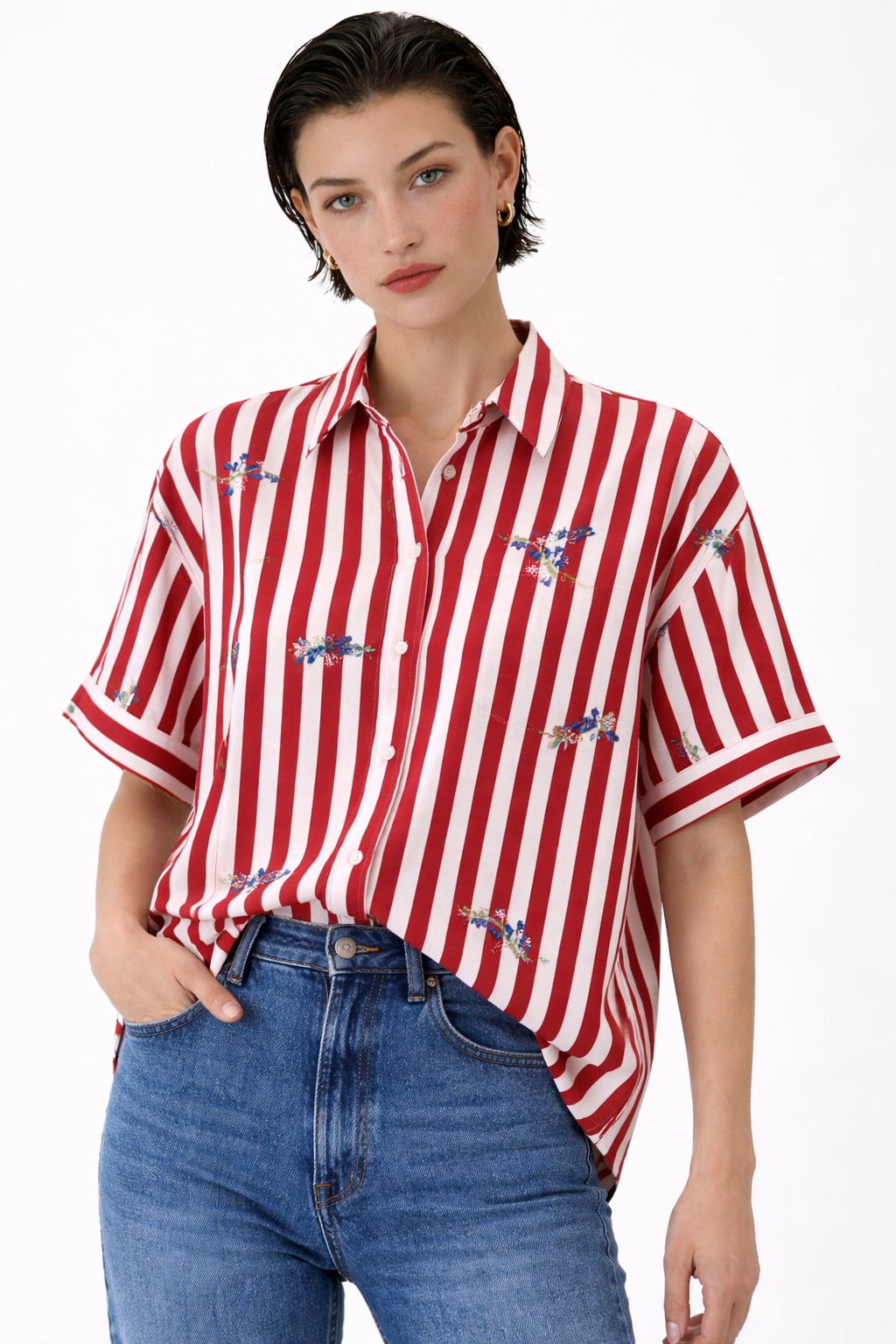 MADE IN ITALY - Michela - Camisa a rayas con bordados florales