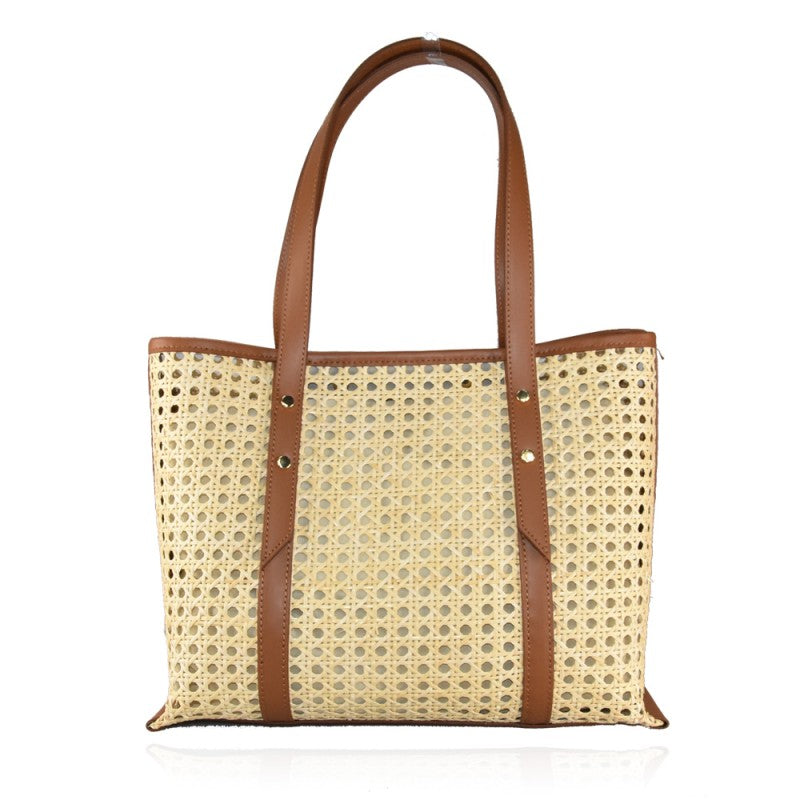 Capri - Bolso de hombro de piel y paja de Viena con correa