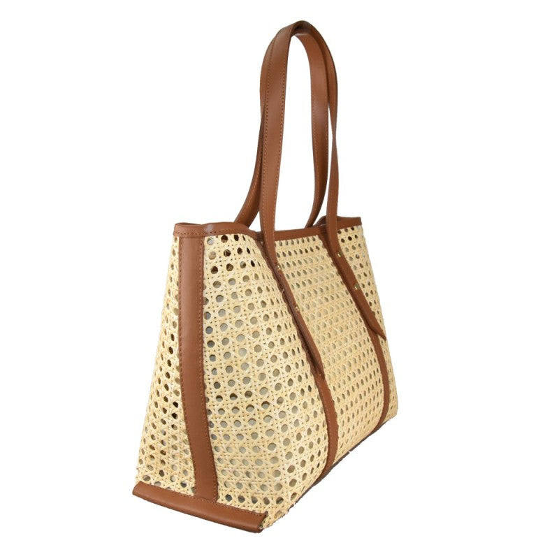 Capri - Bolso de hombro de piel y paja de Viena con correa