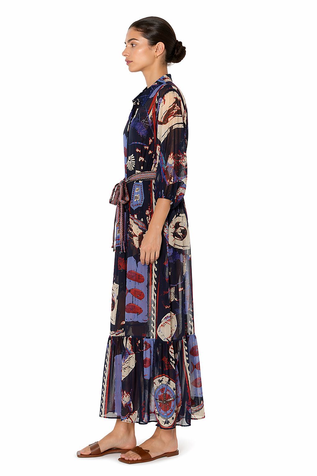 MADE IN ITALY - Nina - Vestido con estampado marino y cinturón de algodón